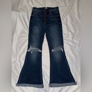 Sneak Peek Distressed High Waisted Dark Blue Flare Jeans